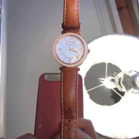 Michael Kors Rhinestone Rose Gold Brown Leather Strap Watch